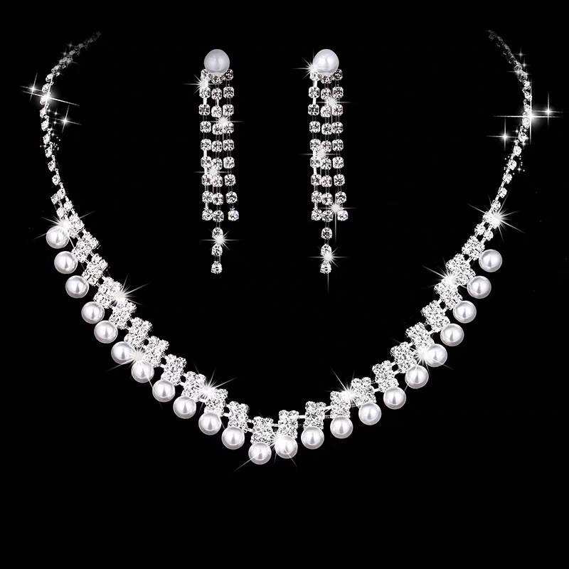 Factory wedding shoot decorative claw chain rhinestone pearl necklace earrings jewelry set