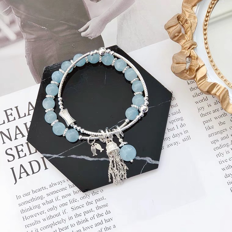 天然海蓝宝石手链女简约纯银双鱼水晶时尚手串情人节生日礼物