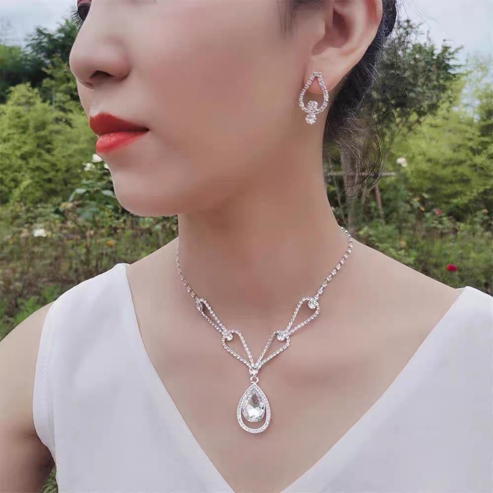 Shiny silver plated Korean rhinestone necklace earring set Wedding bridal accessory set chain