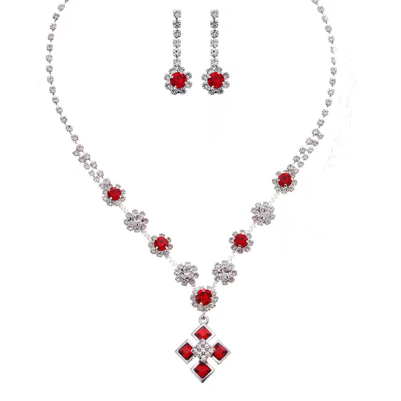 New shiny silver plated Korean rhinestone necklace earring set Wedding bridal set chain jewelry