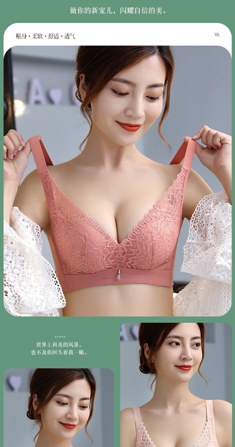 [Pink Zhi Blue] Autumn And Winter New Latex Underwear Female Lace Gathering Adjustment Bra Palm Cup Small Chest Display Large Massage Bra undefined