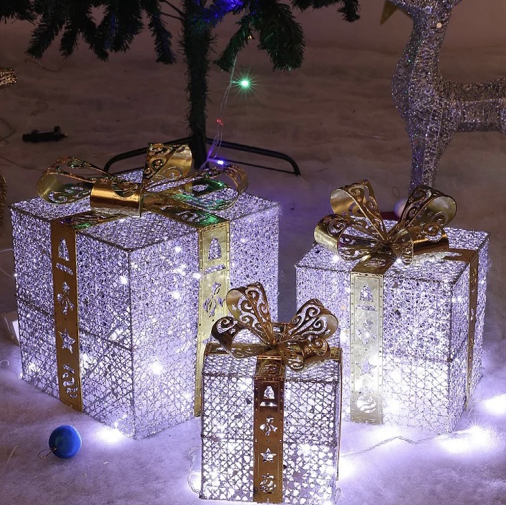 Christmas gift box three-piece set of stacking ornaments Iron gift box luminous Christmas decoration supplies scene layout Iron silver gold three-piece set 220v round insert thumbnail