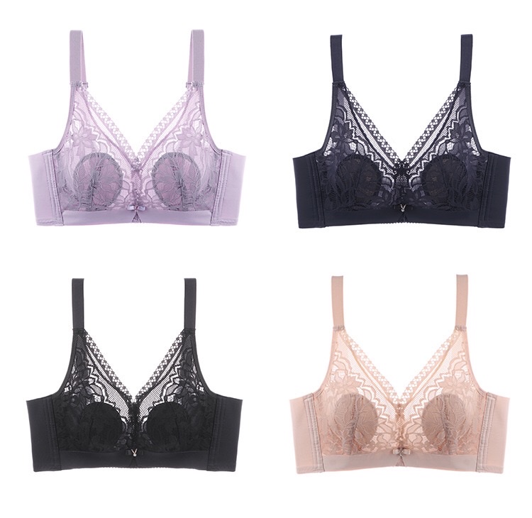 [Pink Zhi Blue] 139# Big Chest Small No Underwire New Women's Bra Sexy Lace Large Size Underwear Summer Breathable Thin Cup undefined