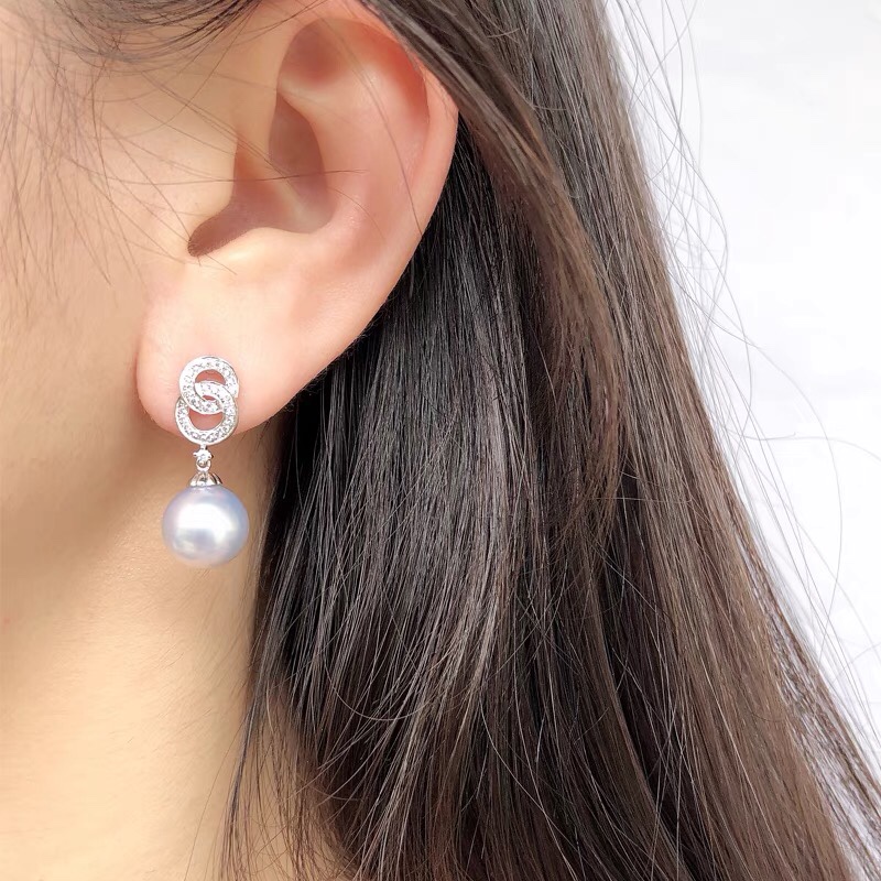 White pearl round earrings, diamond earrings, pearl girl