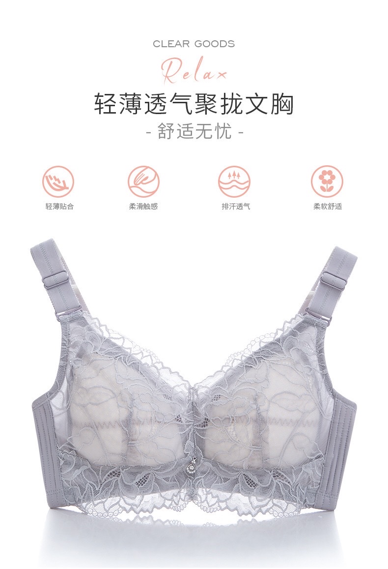 [Pink Zhi Blue] Seamless Ultra-Thin Underwear Adjustable Lace Bra Big Chest Small Gather Up A Pair Of Anti-Sag Large Size Bra undefined
