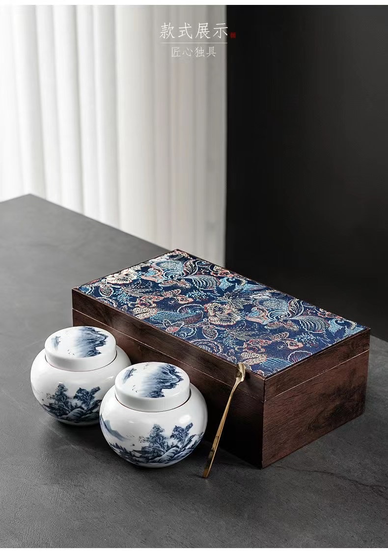 Kun Kun Ceramic high-end Tea canisters set of 2 pieces, blue and white porcelain landscape painting Chinese style 024 Application Scenario