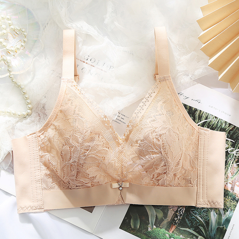 [Pink Zhi Blue] 139# Big Chest Small No Underwire New Women's Bra Sexy Lace Large Size Underwear Summer Breathable Thin Cup details Picture