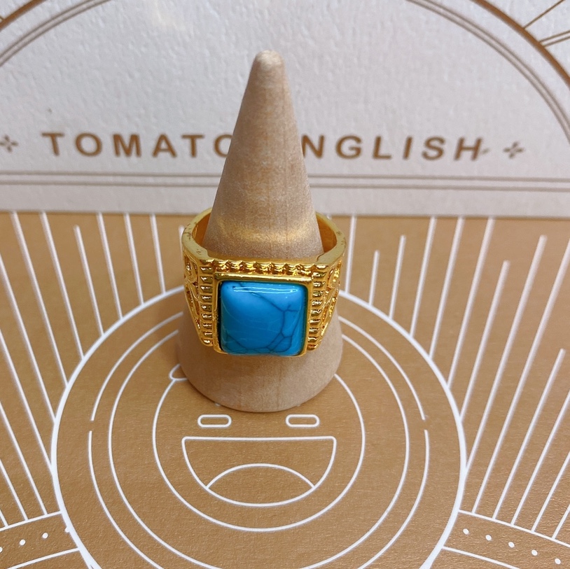 Electric 24K gold 12x12 square set with blue turquoise natural stone popular fashion trend men's ring