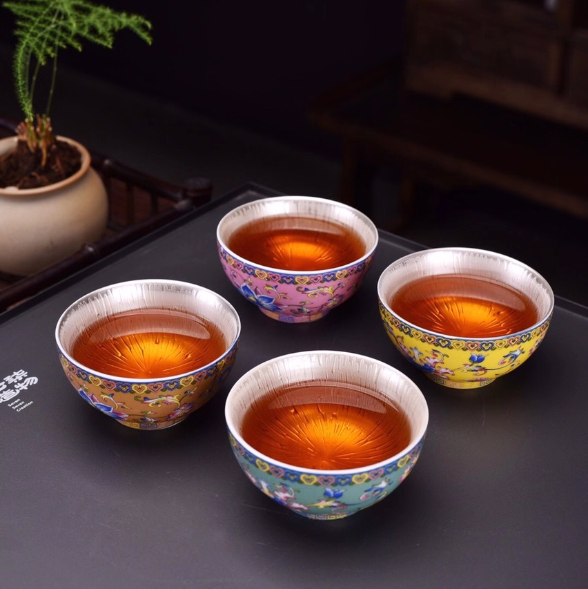 Kun Kun Ceramics 999 Enamel Silver Tea Cup, Kung Fu Tea Bowl, Ceramic Tasting Cup, Hand-Painted Silver Cup, Host Cup, Single Cup Gift Box 030
