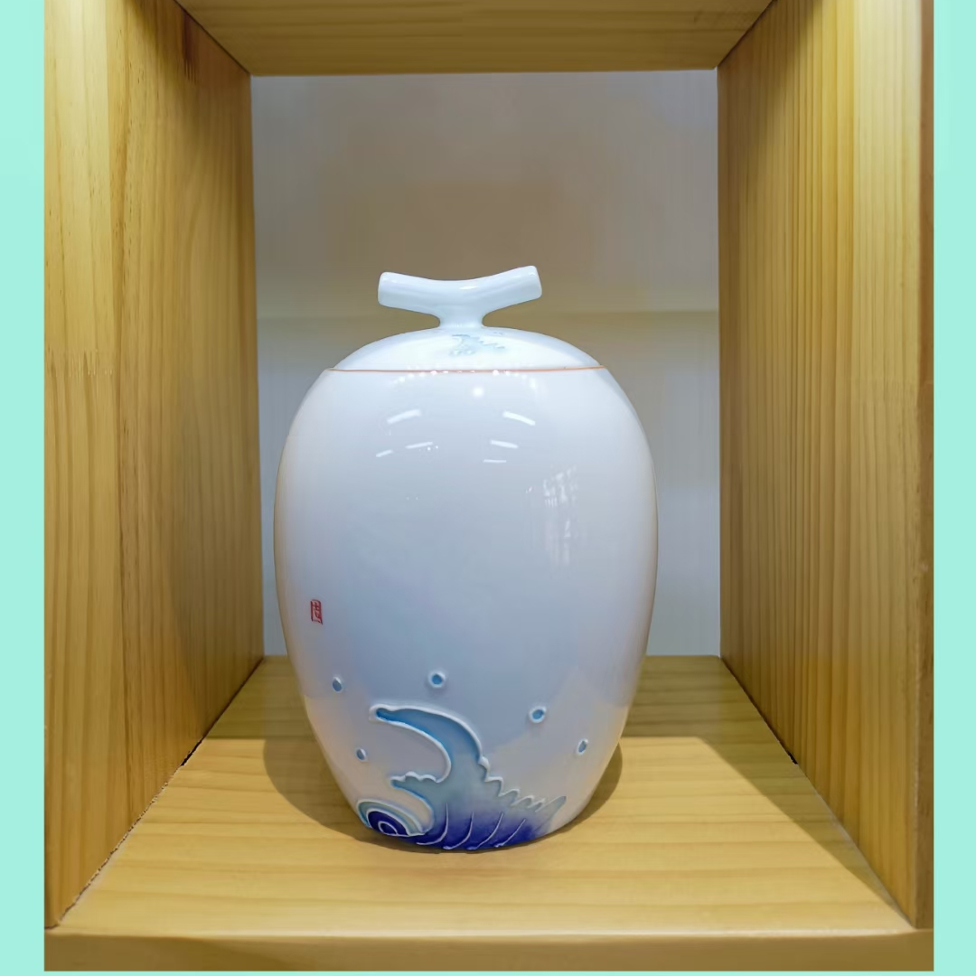 High-end ceramic tea sets, hand-painted jade tea canisters with waves