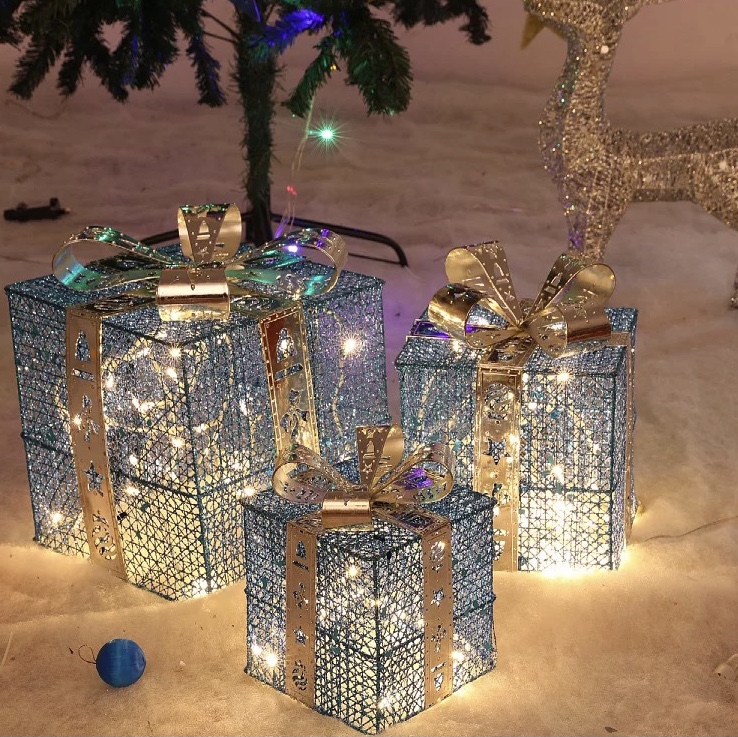 圣诞礼品盒三件套堆头摆件铁艺礼品盒发光圣诞节装饰用品场景布置铁艺蓝金三件套220v圆插