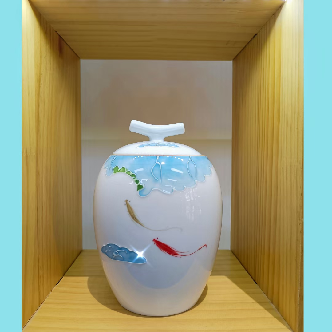 High-end ceramic tea set, hand-painted jade tea canister with double fish