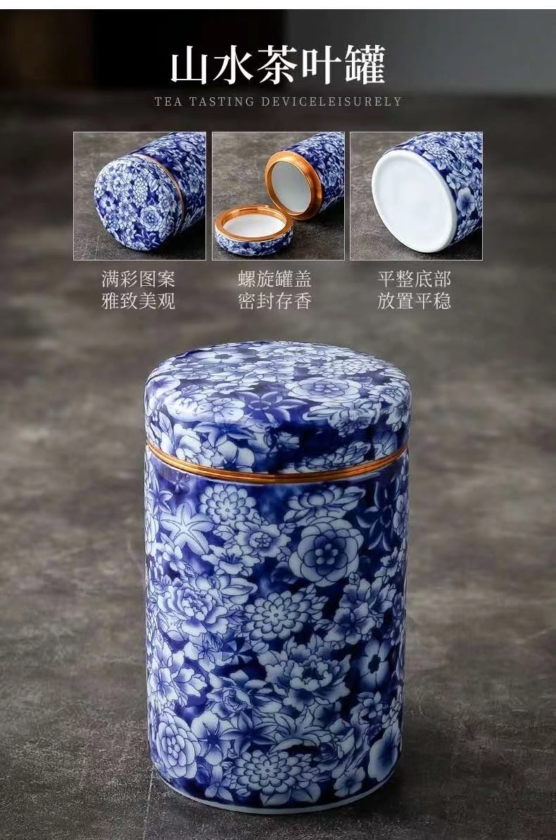 Kun Kun Ceramic high-end Tea canisters set of 2 pieces, blue and white porcelain landscape painting Chinese style 024 details Picture
