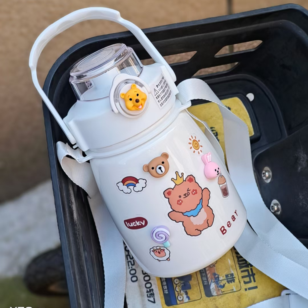 Net Red Water Cup Large Capacity Double Drink Thermos Cup With Straw Water Bottle Student Kettle Cup Women's High Appearance Level Pot Belly Cup