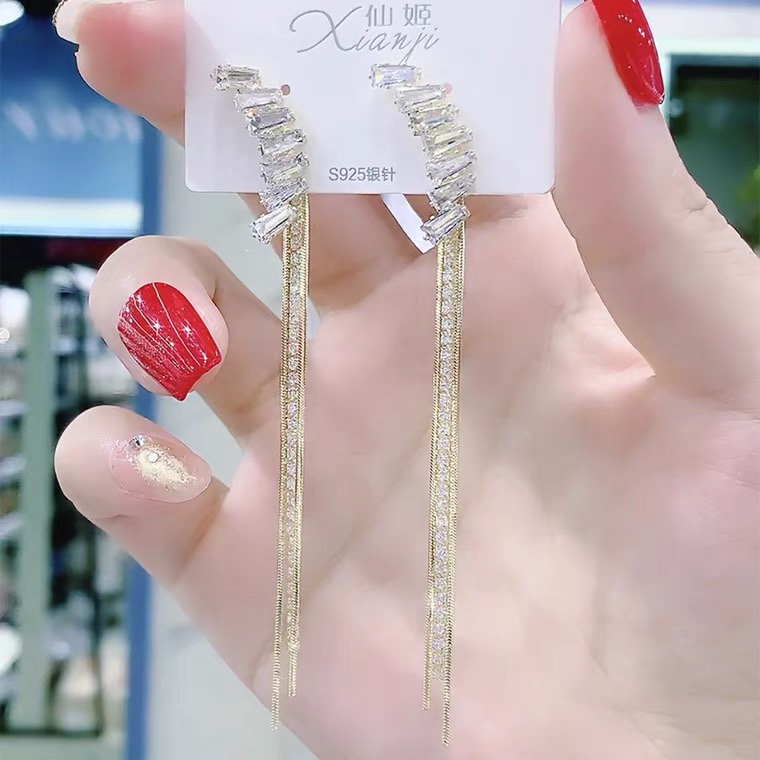 韩国网红气质名媛链条流苏几何耳环时尚温柔超仙月亮耳饰925银针