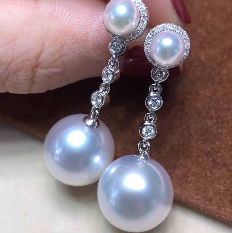 Double pearl earrings Pearl earrings Long diamond earrings