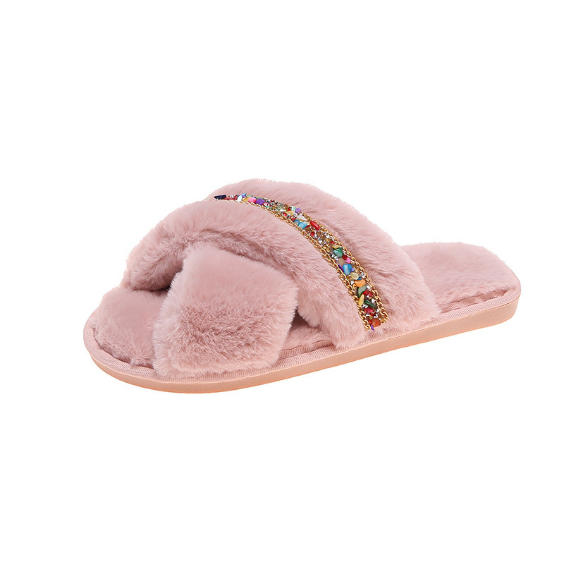 New Fashion Cross Cross Color Strip Warm Comfortable Non-Slip Floor Wool Slippers Application Scenario