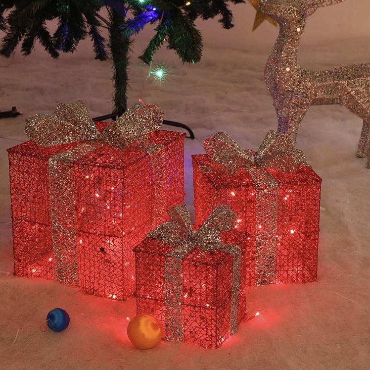 Christmas gift box three-piece set of stacking ornaments Iron gift box luminous Christmas decoration supplies scene layout Iron red gold three-piece set 220v round insert thumbnail