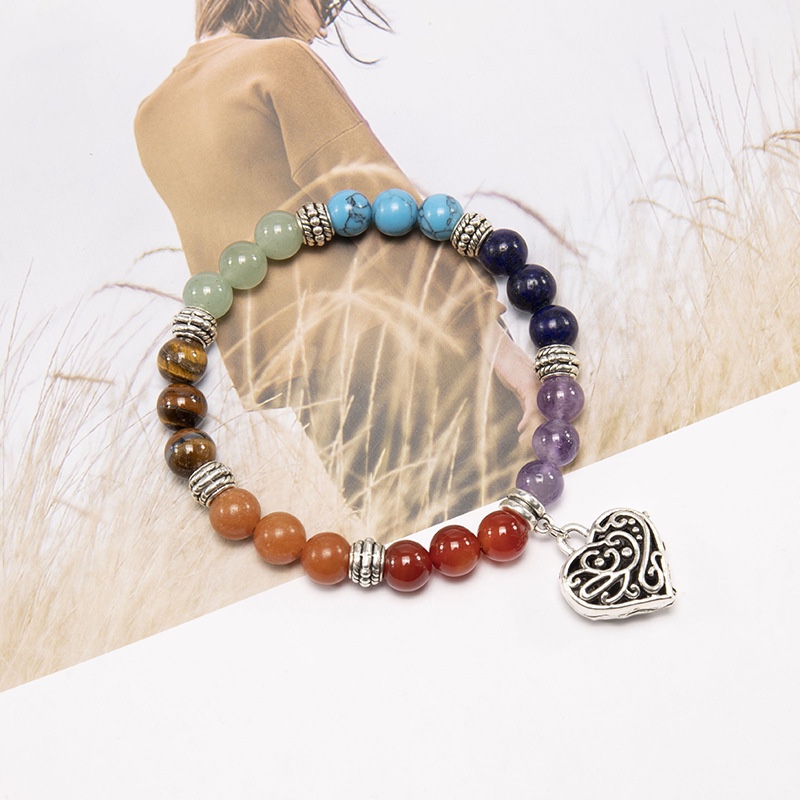 欧美潮流时尚七脉轮手链 天然紫晶七彩手串桃心手链