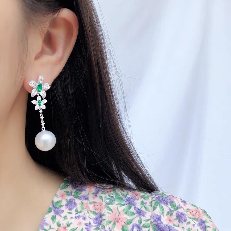 White pearl emerald earrings pearl round girl