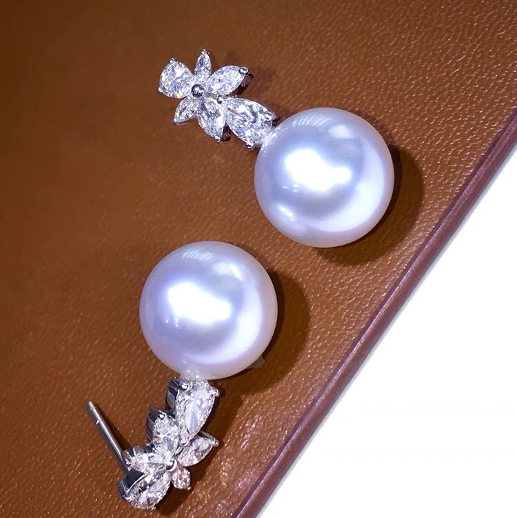 White pearl earrings with diamond studs White round earrings for women