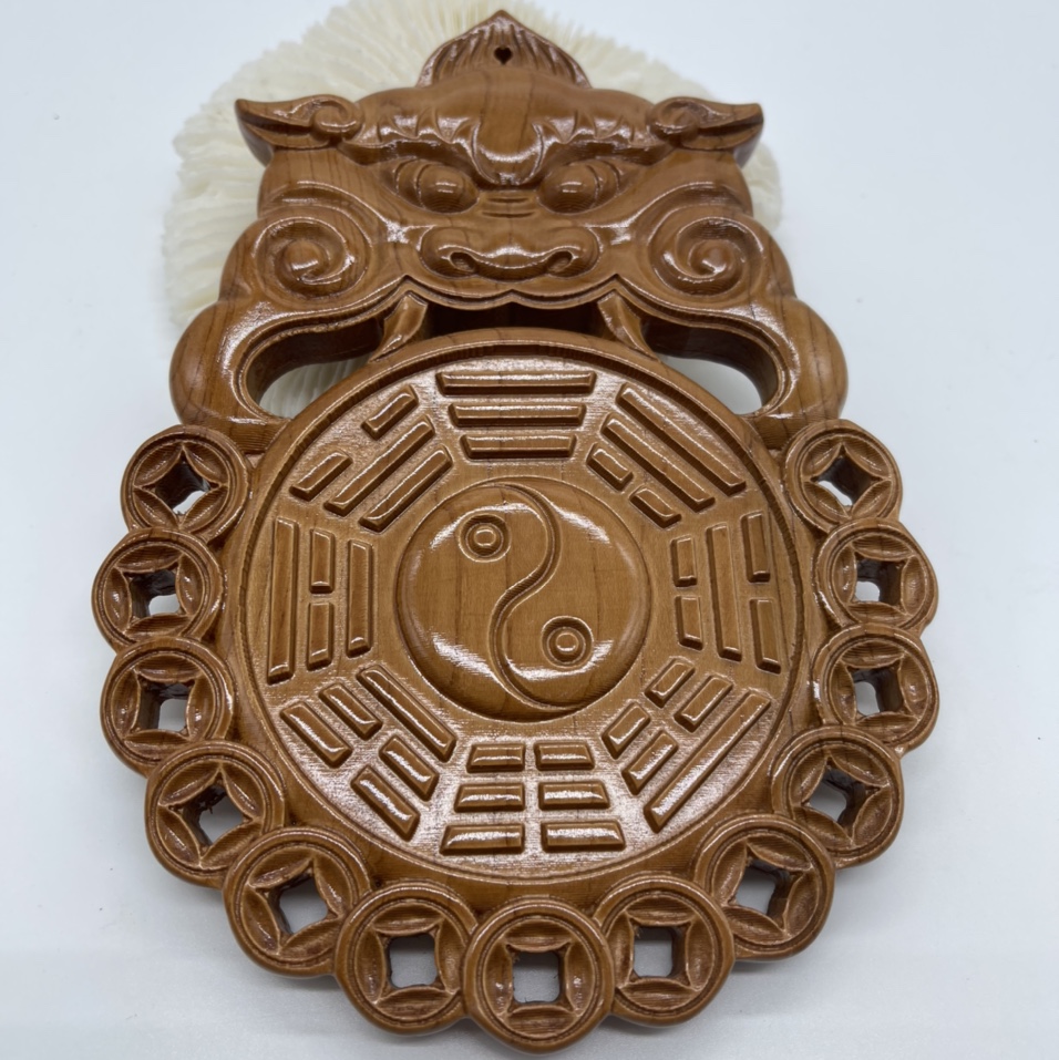 桃木八卦镜挂件桃花斩虎头镂空铜钱太极八卦镜摆件挂件工艺品 