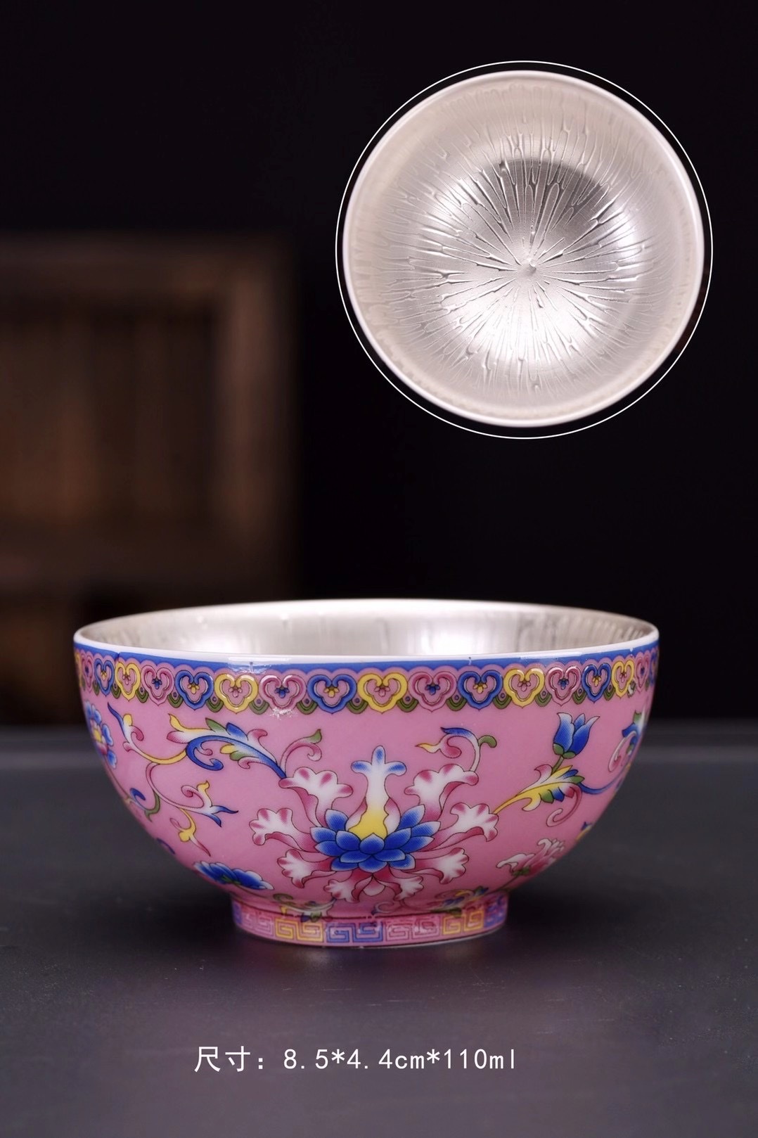 Kun Kun Ceramics 999 Enamel Silver Tea Cup, Kung Fu Tea Bowl, Ceramic Tasting Cup, Hand-Painted Silver Cup, Host Cup, Single Cup Gift Box 030 details Picture