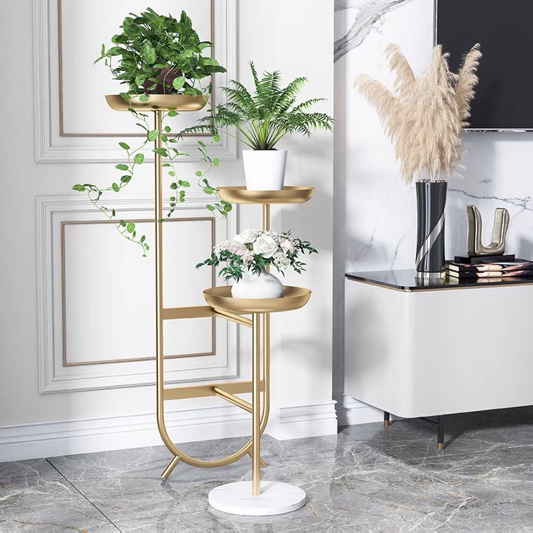 Modern light luxury interior living room decoration, flower stand, balcony, simple multi-layer floor-standing flower stand, flower pot, ironwork storage rack
