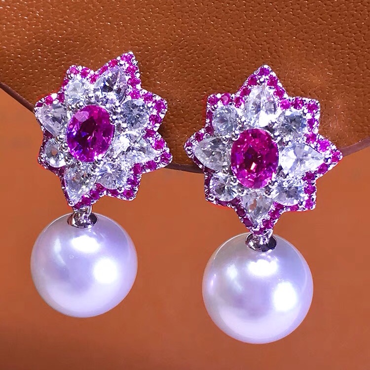 White pearl earrings round diamond ruby earrings