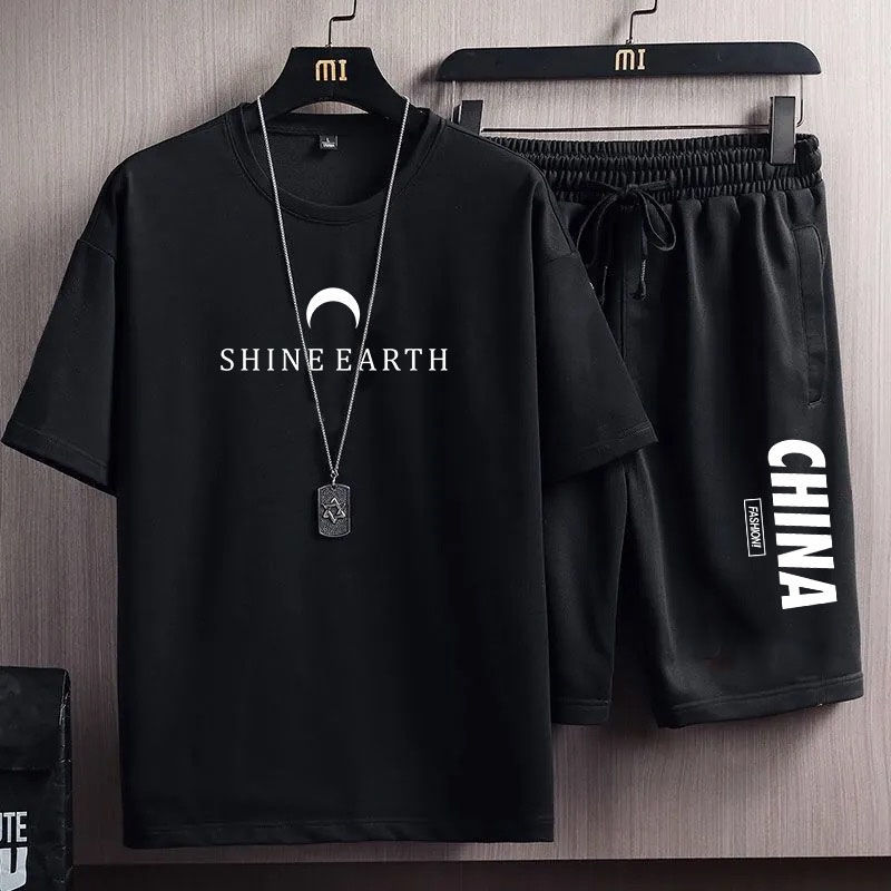 夏季冰丝套装男ins2021新款潮流百搭休闲短袖t恤宽松运动上衣服11