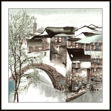60x60 watermarked printing, freehand brushwork of Jiangnan water towns, traditional Chinese painting on Xuan paper, featuring small Bridges, flowing water and spring scenes Application Scenario