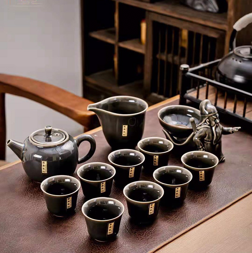Kun Kun Ceramics Ink Wash Kiln Ceramic Tea Set, Kung Fu Tea Set Set, Home Living Room Ceramic Light Luxury High-end Large Set of Tea Cups and Teapots, Complete Tea Set Gift Box Large Set 132