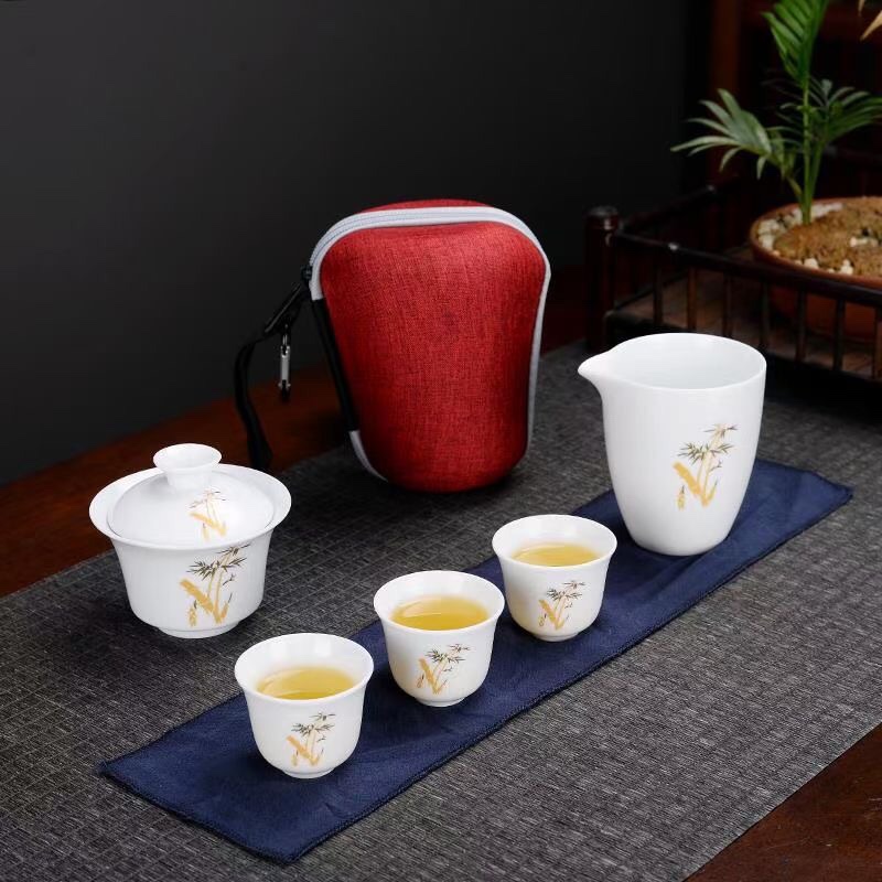 Kunkun Ceramic Travel-sized Tea set, White porcelain one pot and four cups, cheap travel-sized 037