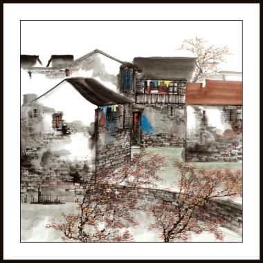 60x60水印印刷写意江南水乡国画宣纸传统画秋景