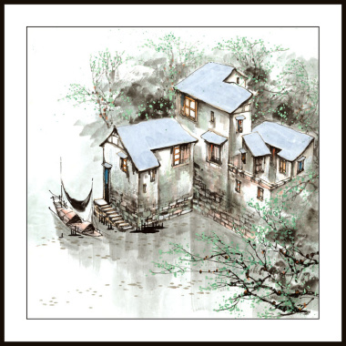 60x60 watermarked printing, freehand brushwork of Jiangnan water towns, traditional Chinese painting on Xuan paper, featuring small Bridges, flowing water and spring scenes Specification image