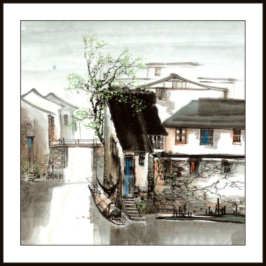 60x60 watermarked printing, freehand brushwork of Jiangnan water towns, traditional Chinese painting on Xuan paper, featuring small Bridges, flowing water and spring scenes Item Picture