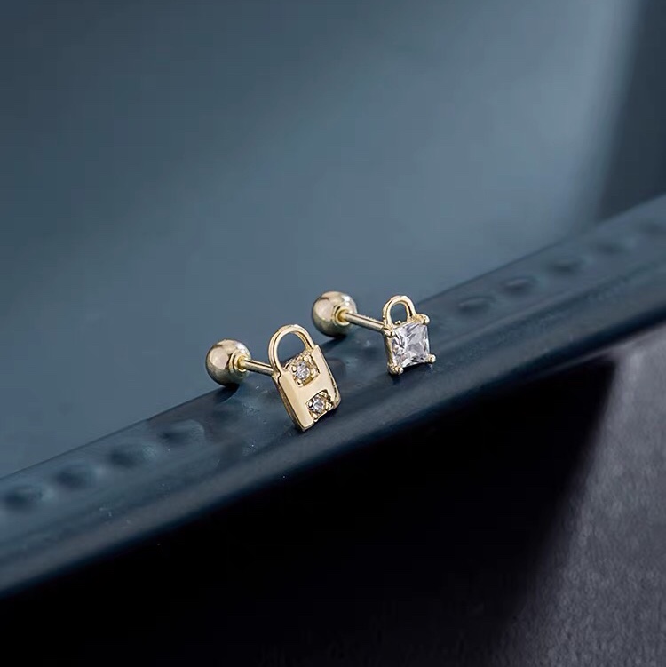 Screw stud earrings women's personality lock shape inlay small tidal earrings