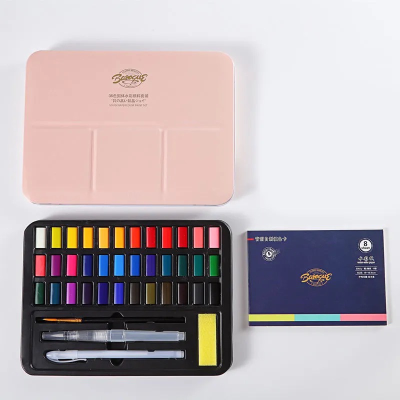 36色马卡龙粉色铁盒固体水彩颜料水彩画套装