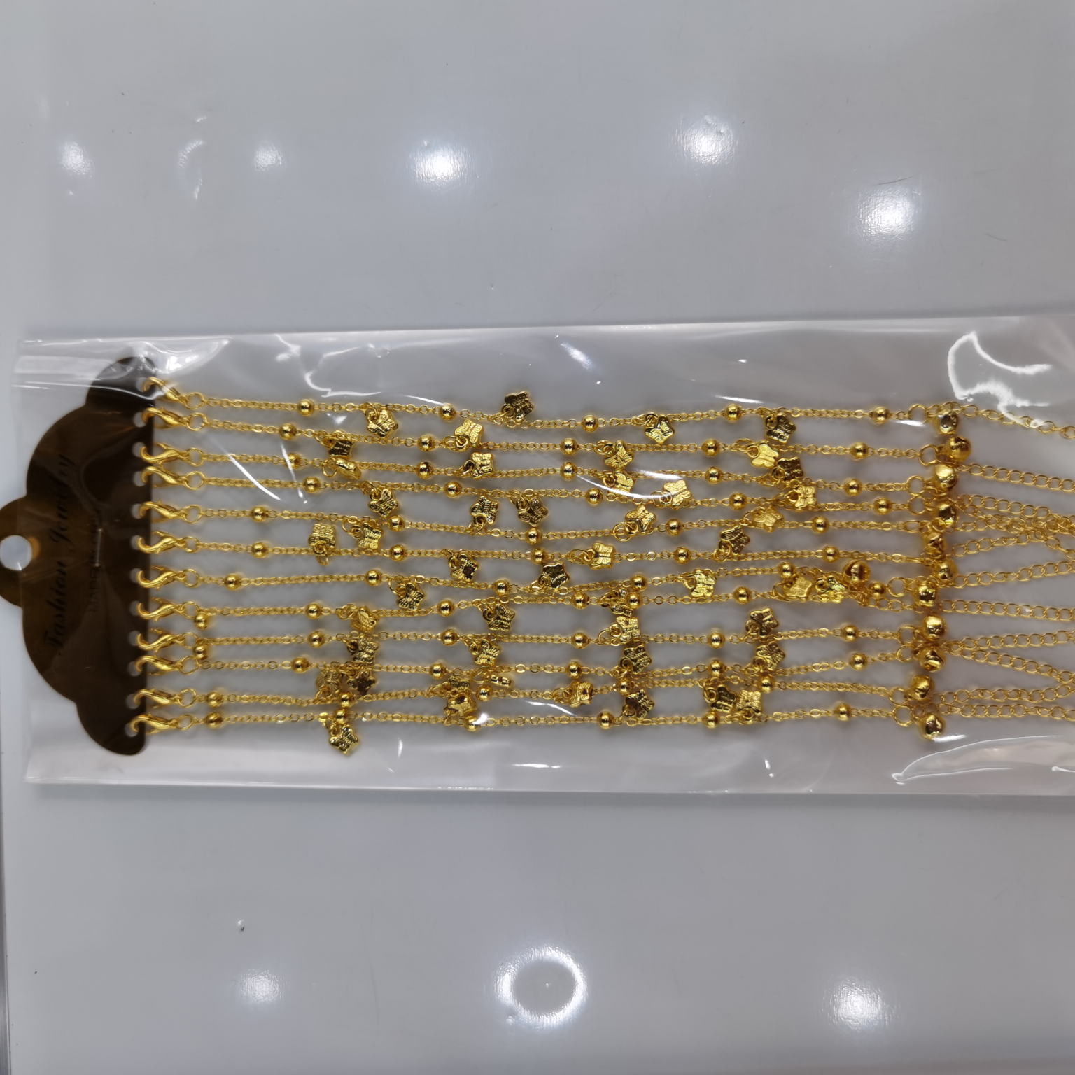 仿真金铜夹珠链挂4个铜单吊电脑片配件加龙虾扣尾链加小铃铛脚链AA0087