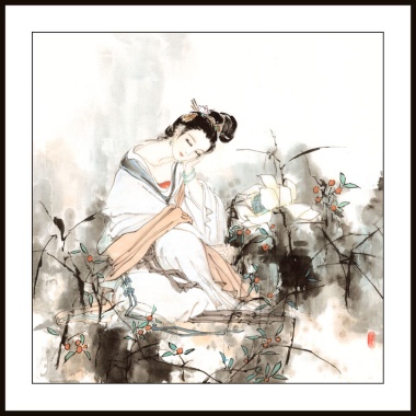 60x60水印印刷写意古典人物国画宣纸传统画花中女子