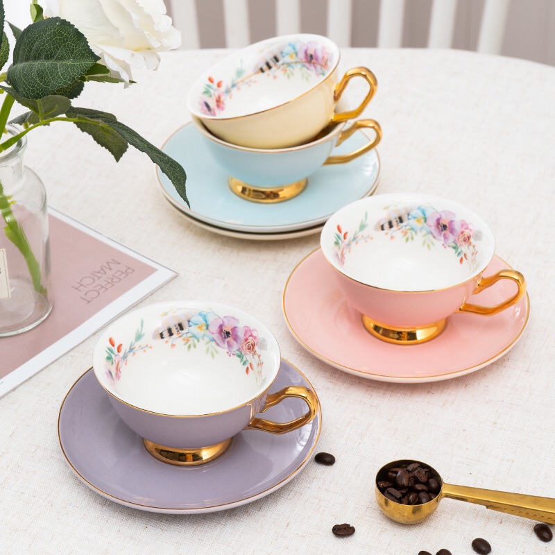 陶瓷咖啡杯碟套装金边彩色釉面咖啡杯网红下午茶杯花茶杯 图