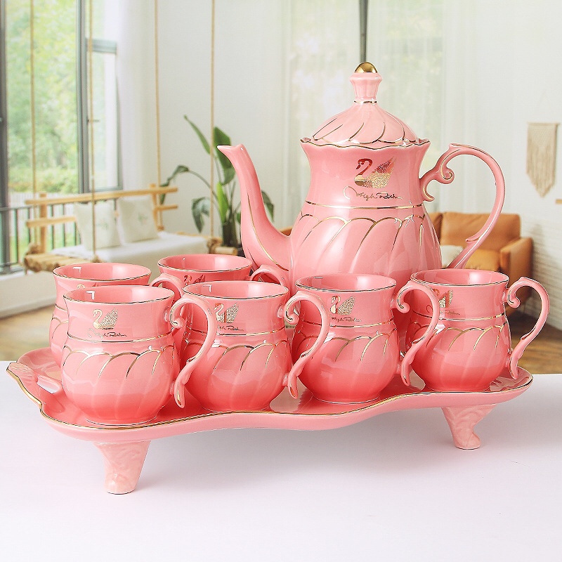 陶瓷水具家用办公简约粉色金天鹅杯具带托盘组合冷热水壶套装礼品 