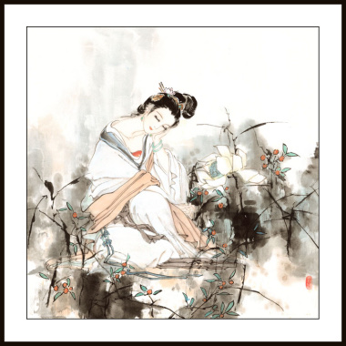 60x60 watermarked printing, freehand classical figure painting, traditional Chinese painting of a woman in a flower on Xuan paper details Picture