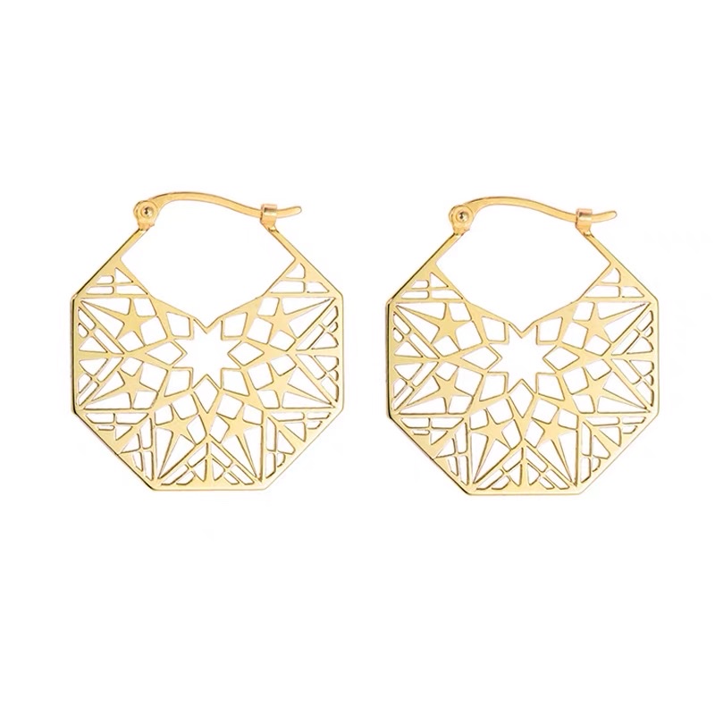 Niche hollowed-out earrings for women, made of titanium steel, exude a sense of sophistication and elegance. Earth circle ear loops Item Picture