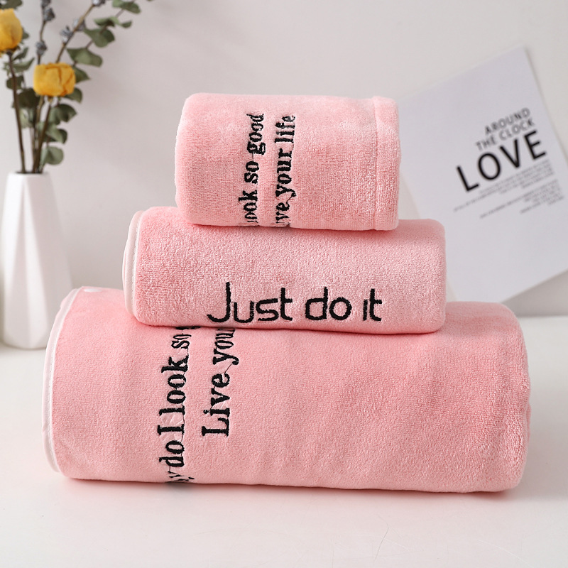 Three-piece set of bath skirt, bath cap, towel with embroidered words, women's absorbent bath towel, home life store, high-quality coral fleece cover towel detail image 10