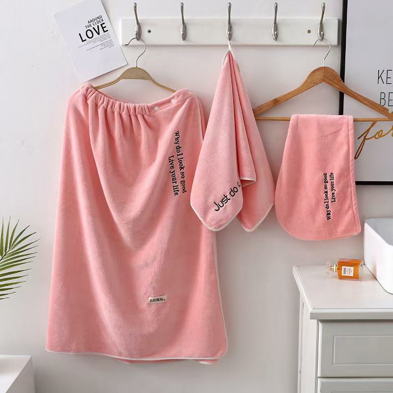 Three-piece set of bath skirt, bath cap, towel with embroidered words, women's absorbent bath towel, home life store, high-quality coral fleece cover towel detail image 4