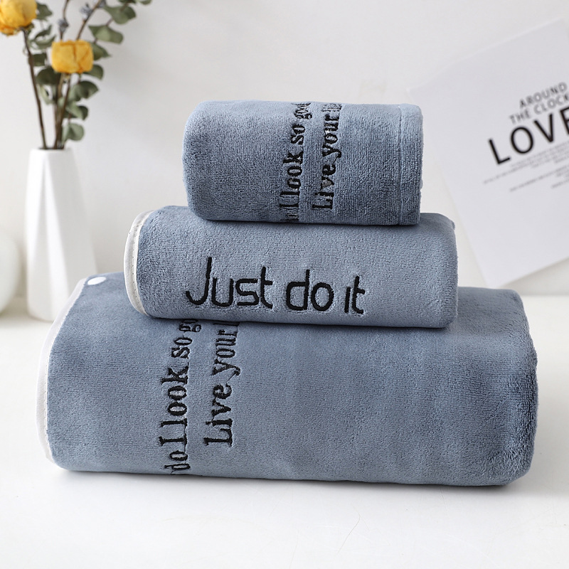 Three-piece set of bath skirt, bath cap, towel with embroidered words, women's absorbent bath towel, home life store, high-quality coral fleece cover towel detail image 11