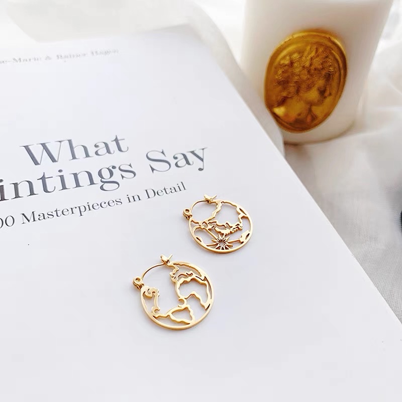 Niche hollowed-out earrings for women, made of titanium steel, exude a sense of sophistication and elegance. Earth circle ear loops details Picture