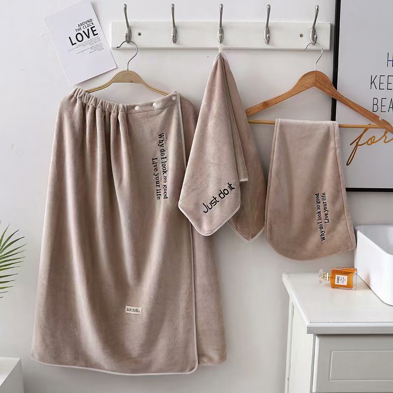 Three-piece set of bath skirt, bath cap, towel with embroidered words, women's absorbent bath towel, home life store, high-quality coral fleece cover towel Specification image