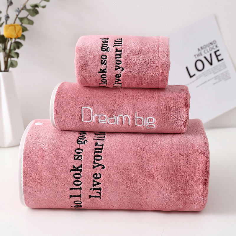 Three-piece set of bath skirt, bath cap, towel with embroidered words, women's absorbent bath towel, home life store, high-quality coral fleece cover towel detail image 9